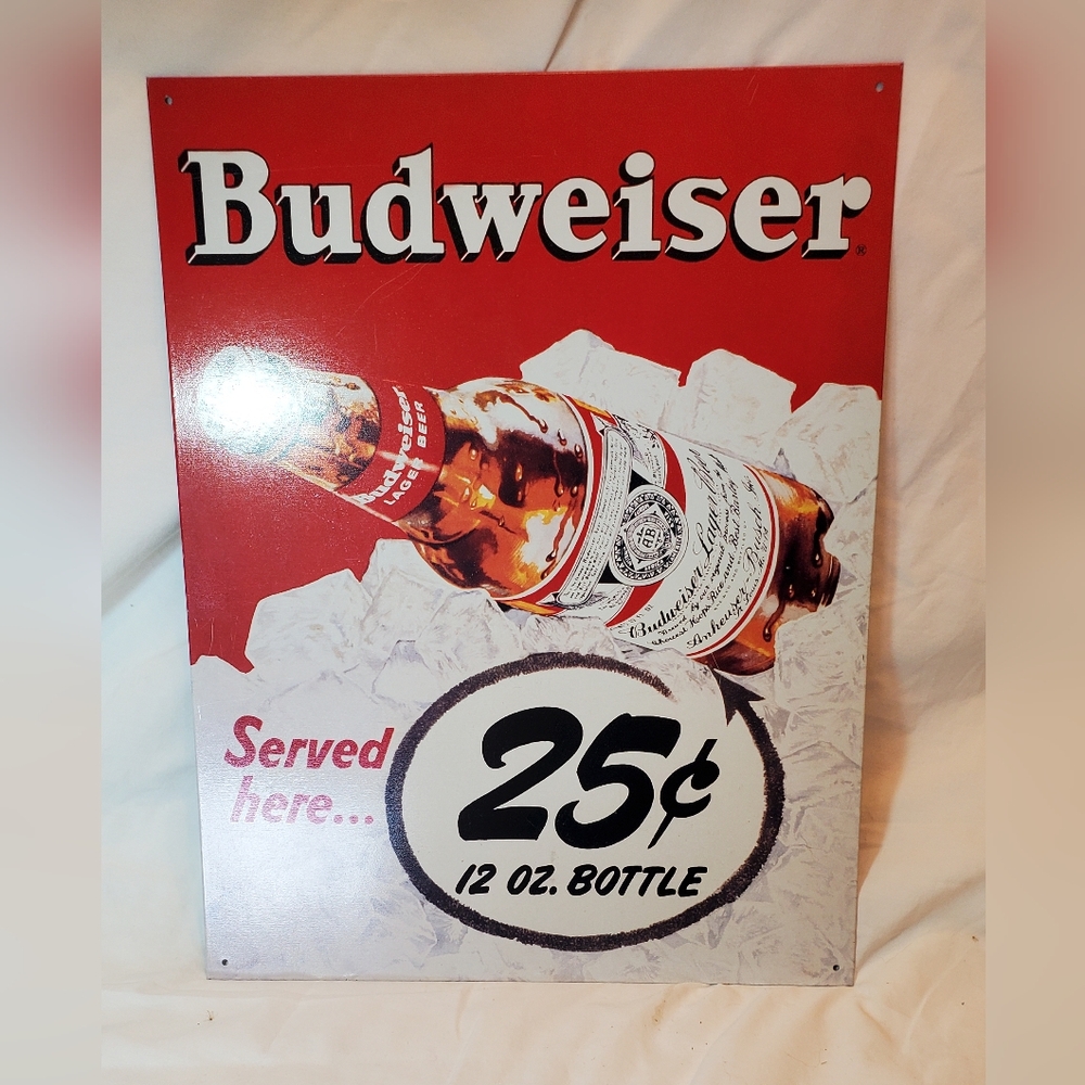 Budweiser Served Here 25 Cents 12 Oz Bottle Metal Tin Sign Vintage 2001 Retro